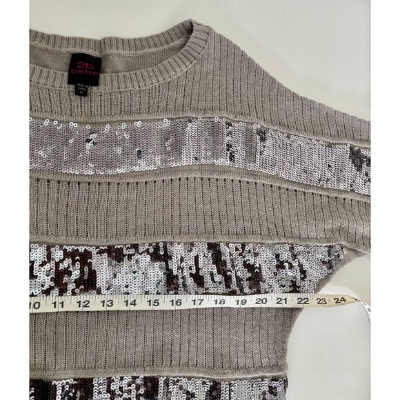 2b Bebe Sweater Medium Silver Sequin Stripes Y2K Revival Quiet Luxury Soft Glam - Picture 4 of 7